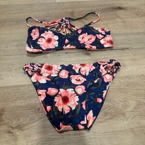 Tori Praver Seafoam Bikini Set Navy Pink Floral Macrame Strappy Two Piece M